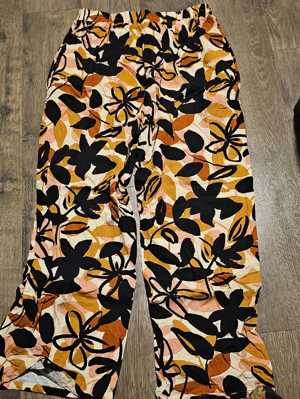 Tullea Black Mustard Blush Floral Wide Leg Pants Large Elastic Waist Women